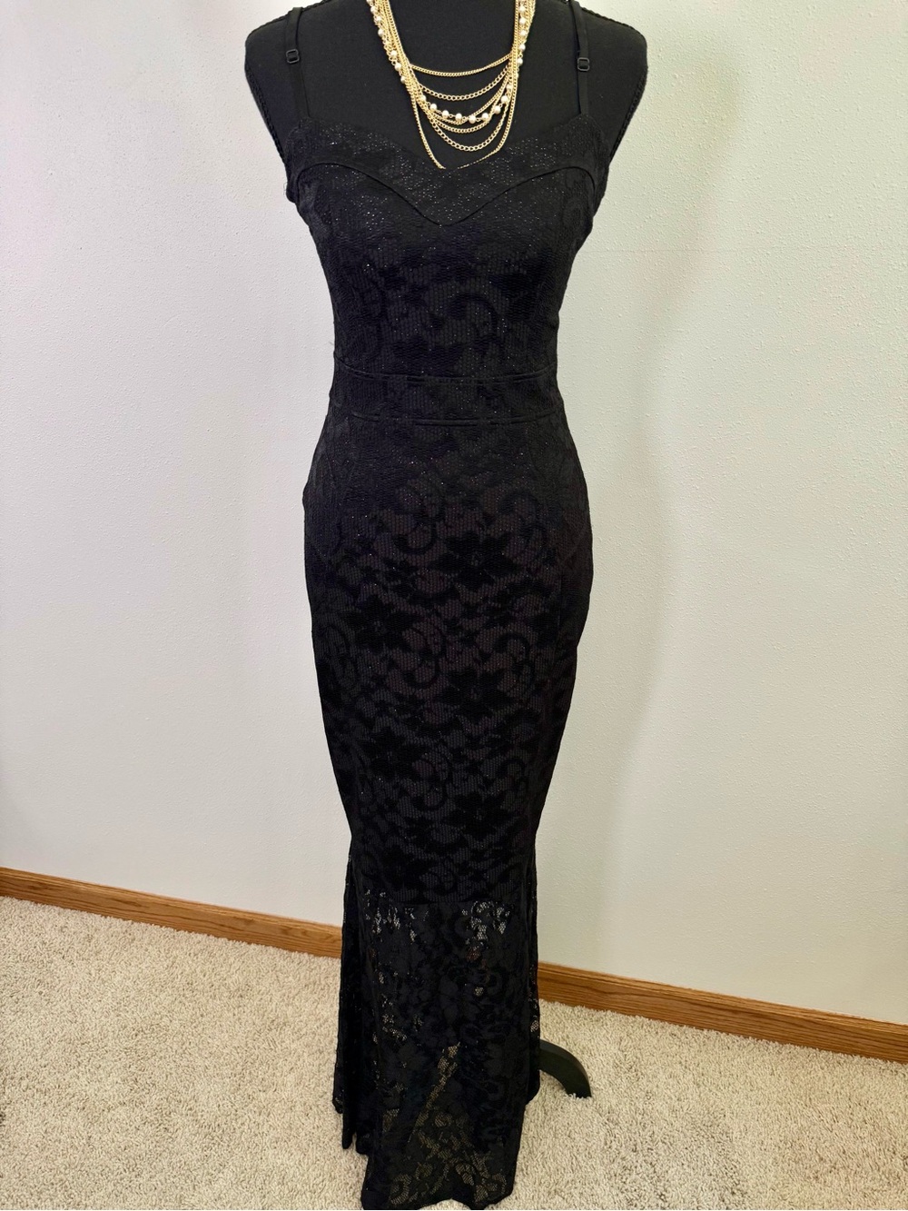 Lipsy London Black Glitter Lace Mermaid Maxi Gown Dress US 6